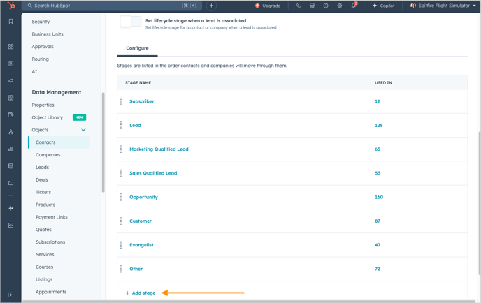 Adding lifecycle stages in hubspot