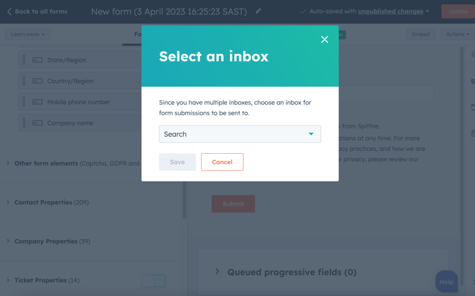 Choose an inbox on form in HubSpot