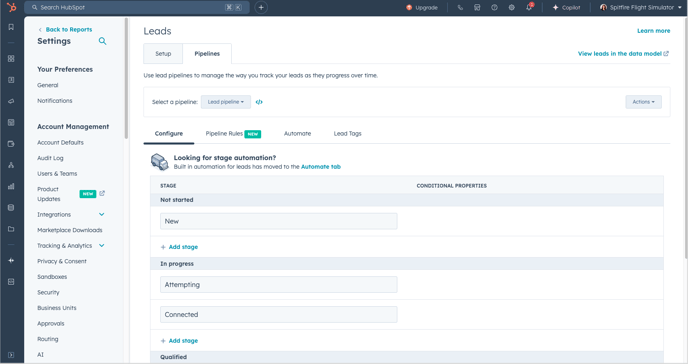 HubSpot lead pipeline settings