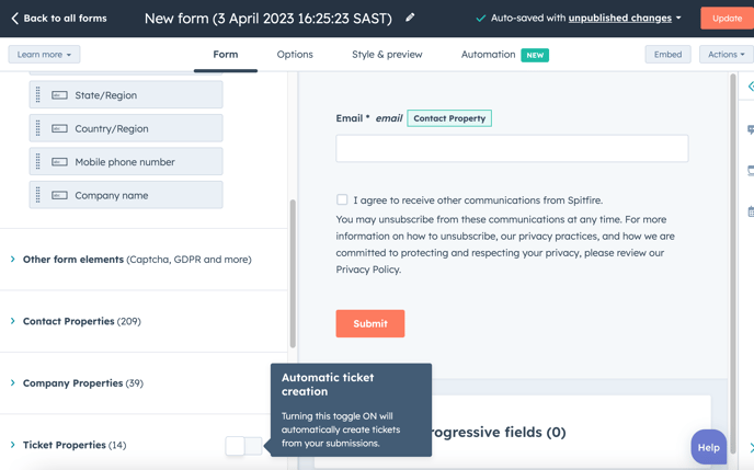 HubSpot ticket properties on form