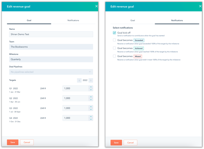 Revenue goals setup update