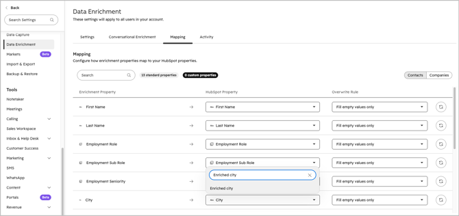 In the HubSpot Property column, set: City → Enriched city Industry → Enriched industry